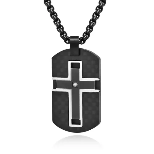 NTM1267 Men's Cross Combo Carbon Fiber Dog Tag Stone set Polished Stainless Steel Pendant with Sweater Chain