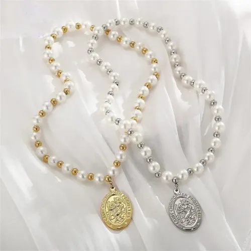 NTM2846 St. Christopher Pendant Faux Pearl Elastic Beaded Necklace Unisex Stainless Steel