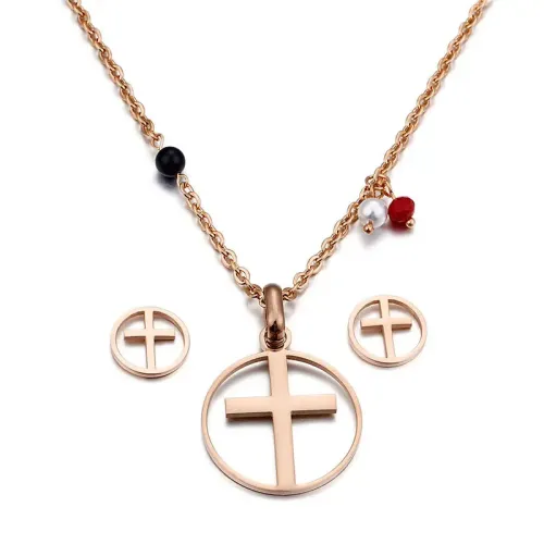 NTM2845 Pearl Cross Necklace and Earrings Set for Women Elegant Jewelry Combo