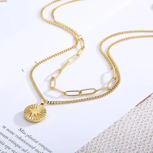 NTM2724 Sun Medallion Pendant Necklace for Women Double Layered Stainless Steel Sweater Chain