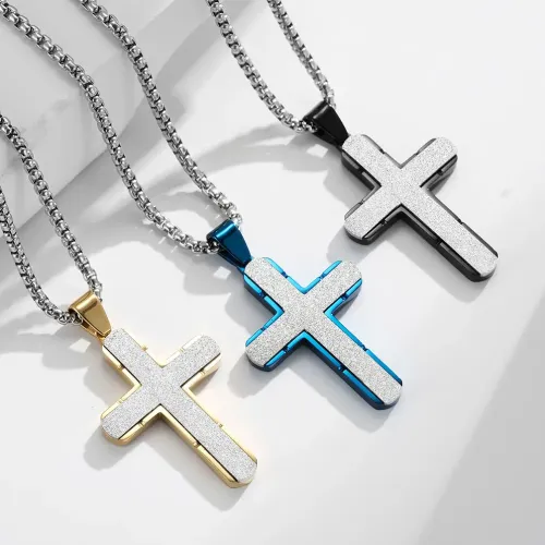 NTM1111 Men's Stainless Steel Cross Pendant Diamond Cut Chain Necklace Accessory
