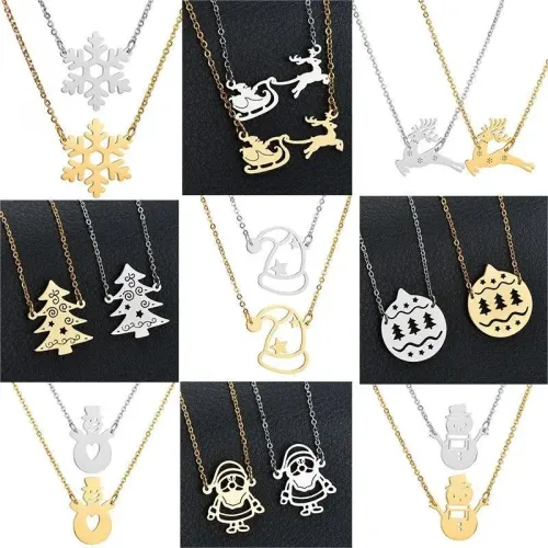 NTM3943 Stainless Steel Christmas Necklace Collection: Santa, Pumpkin Carriage, Snowflake Pendants