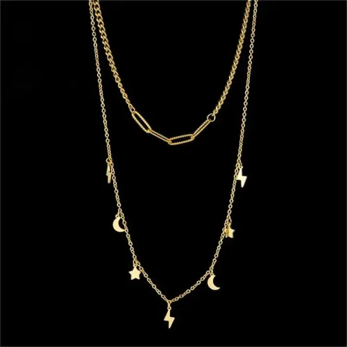 NTM3477 Dual Layer Moon Star Choker Necklace 18K Gold Plated Stainless Steel