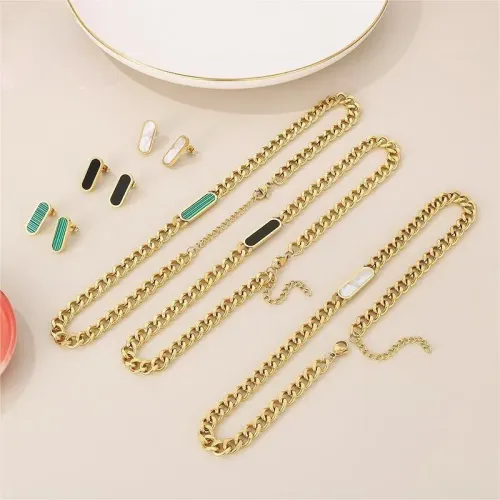 NTM3077 18K Gold Plated Cuban Chain Earrings Oval Shell Necklace Set Stainless Steel Jewelry