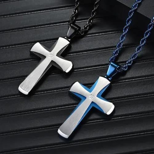 NTM1176 Beveled Stainless Steel Pendant Dual Tone Cross Necklace for a Modern Edge