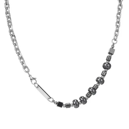 NTM3655 Black Beaded Square Round Necklace for Women Stainless Steel Couples Jewelry