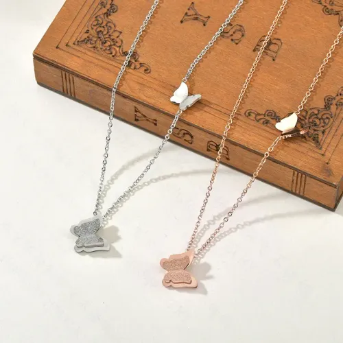 NTM3845 Dual Layer Frosted Butterfly Necklace Stainless Steel Collarbone Chain