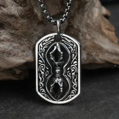 NTM3261 Men's Vajra Buddha Pendant Dog Tag Necklace Set Spiritual Jewelry