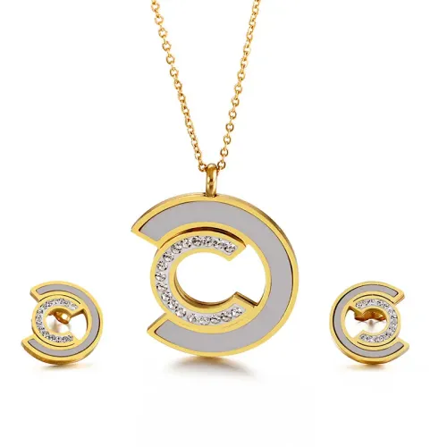 NTM2911 Shell engrave C Pendant Stud Earrings Set Stainless Steel Jewelry for Women