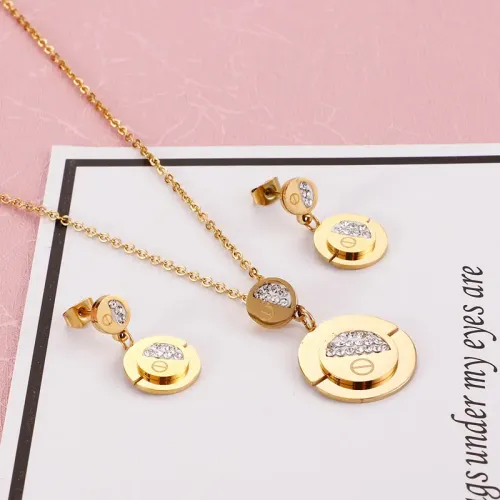 NTM2899 Diamond Encrusted Necklace and Earrings Set Stainless Steel Jewelry Ensemble
