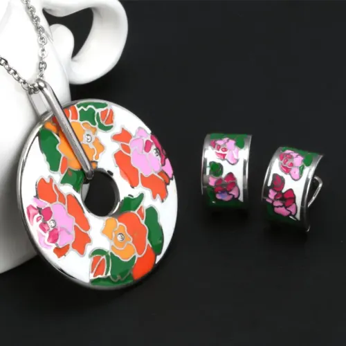 NTM2320 Colorful Enamel Jewelry Set with Stainless Steel Round Pendant Earrings