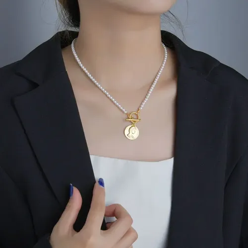 NTM3671 Elizabeth Coin Portrait Necklace Fashionable Layered OT Clasp Sweater Chain