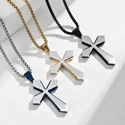 NTM1116 Double Layer Diamond Shaped Cross Necklace Dual Tone Electroplated Brushed Stainless Steel