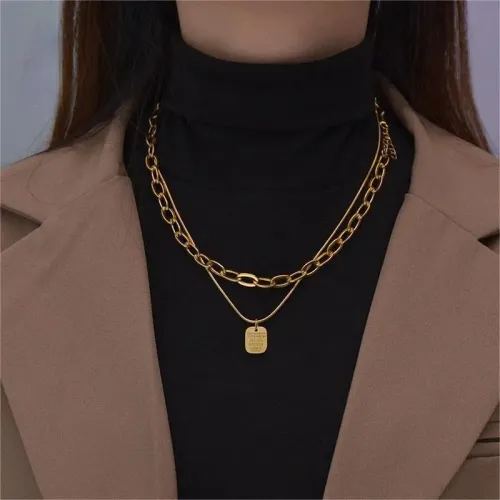 NTM3678 Dual Layer Square Tag Pendant Necklace Splitable Stainless Steel Clavicle Chain