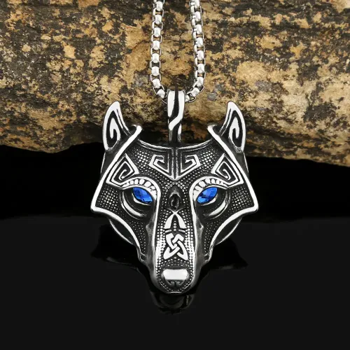 NTM983 Viking Wolf Head Necklace with Gemstone Eyes Stainless Steel Celtic Amulet
