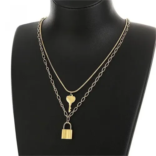 NTM2853 Double Layered Heart Lock Necklace in Stainless Steel for Women Love Pendant