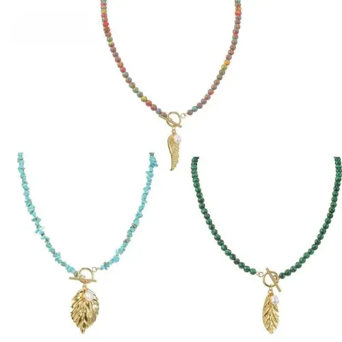 NTM3360 Natural Stone Beaded Necklace for Women 14K Gold Plated Stainless Steel Clavicle Chain