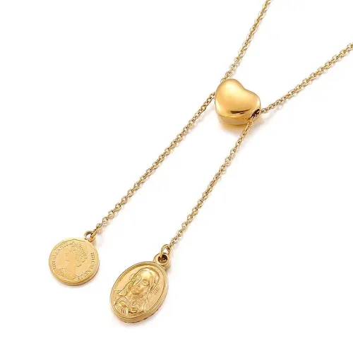 NTM2890 Stainless Steel Love Heart Tassel Necklace with Coin Portrait Pendant Sweater Chain for Women