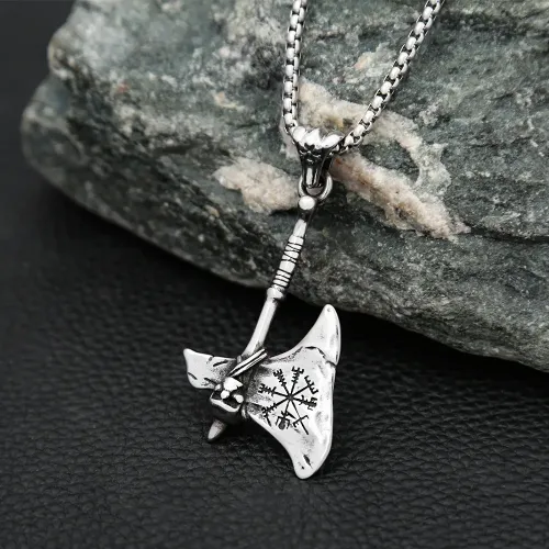NTM989 Viking Kjell Skull Battle Axe Pendant Men's Stainless Steel Necklace Jewelry