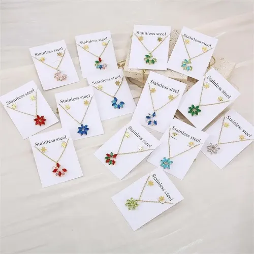 NTM2769 Sweet Fresh Stainless Steel Gold Earrings Petal Pendant Clavicle Chain Set