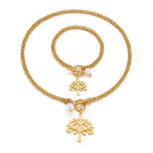 NTM2953 Hip Hop OT Clasp Double Layered Life Tree Bracelet Necklace Set Stainless Steel Christmas Combo