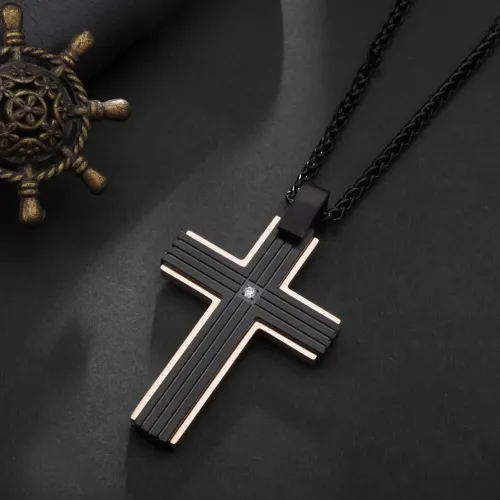 NTM1270 Men's Two Tone Black Rose Stainless Steel Cross Pendant Dual Color Necklace