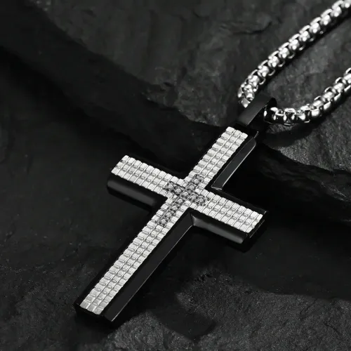 NTM1212 Men's Plaid Cross Pendant Necklace with CNC Diamond Stainless Steel