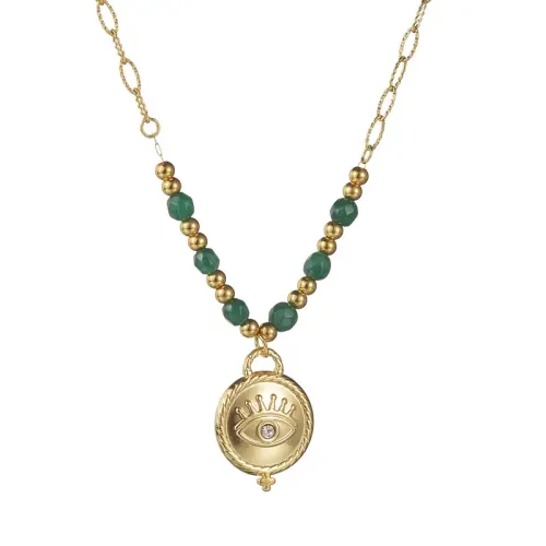 NTM3516 Gold Stainless Steel Evil Eye Necklace Bohemian Emerald Beaded Clavicle Chain