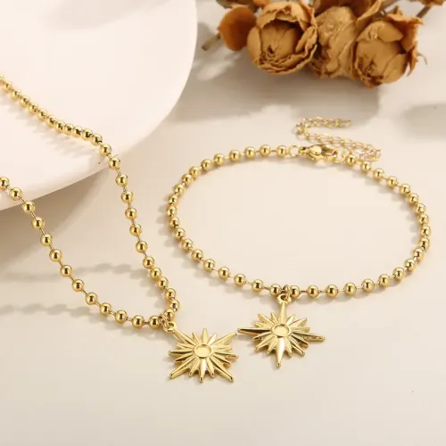 NTM2666 18K Gold Plated Stainless Steel Star of David Necklace Bracelet Set for Women