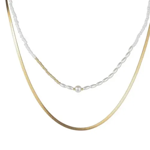 NTM3548 18K Gold Plated Stainless Steel Flat Snake Chain Pearl Necklace Layered Sweater Chain