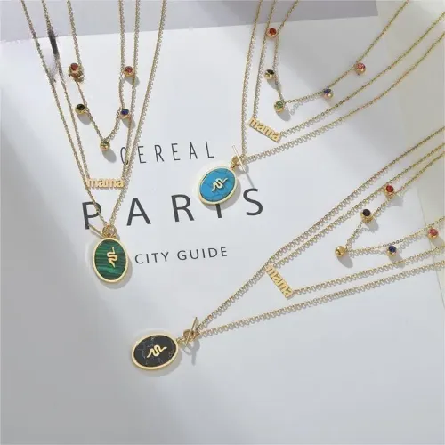NTM3394 Multi Layer Necklace Colorful Rhinestone, Emerald Turquoise Stainless Steel Serpentine Chain