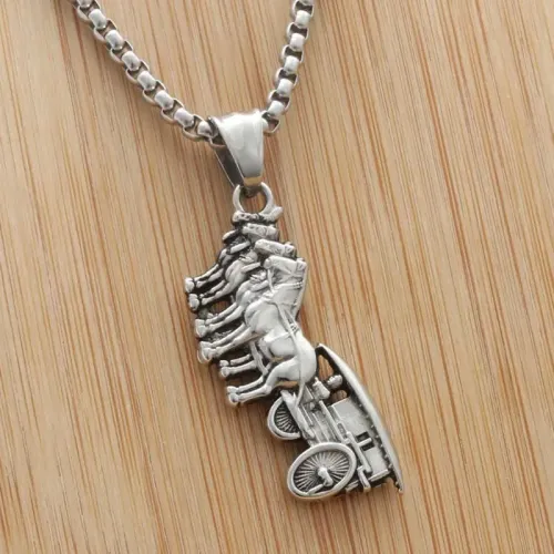 NTM1966 Vintage Carriage Pendant Punk Antique Horse Cart Stainless Steel Necklace