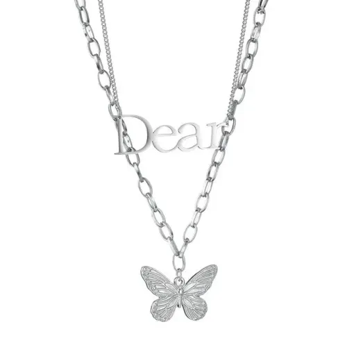 NTM3866 Layered Butterfly Pendant Necklace with Deae Lettering for Women Stainless Steel Jewelry