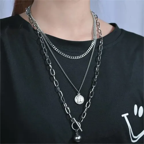 NTM3593 Triple Layer Stainless Steel Elizabeth Coin Bead Hip Hop Pendant Necklace