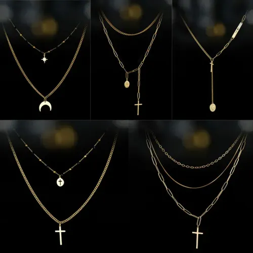 NTM3428 14K Gold Black Bead Double Layered Necklace with Moon, Cross Compass Charms for Women Stainless Steel Jewelry