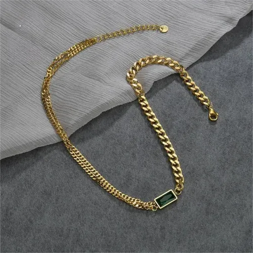 NTM3510 Double Layered Stainless Steel Necklace with Square Green Zircon Women's Clavicle Chain