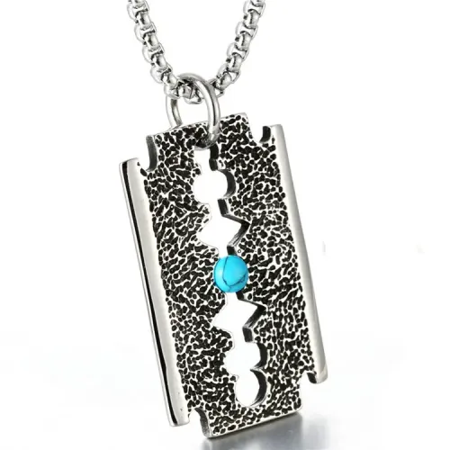 NTM2169 Turquoise Razor Blade Pendant Necklace Stainless Steel Fitness Inspired Charm