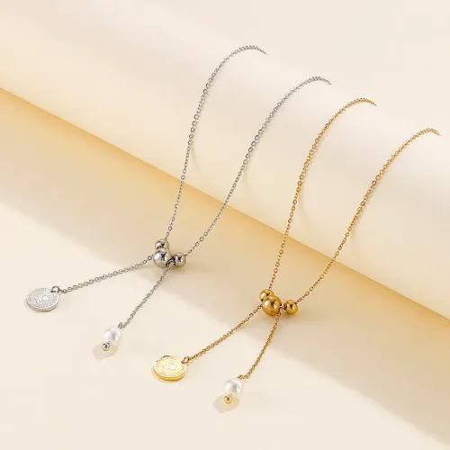NTM2814 Queen's Head Pearl Necklace in Stainless Steel Regal Women's Jewelry