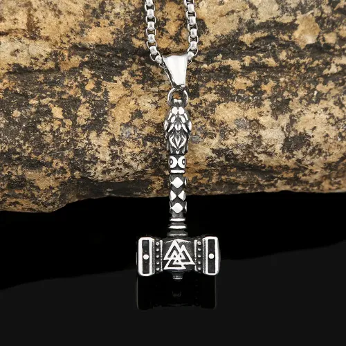 NTM976 Men's Viking Thor's Hammer Rune Necklace Stainless Steel Hip Hop Pendant