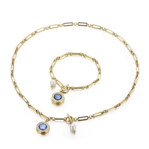 NTM3091 Gold Tone Multicolor Rhinestone Pendant Stainless Steel Necklace Bracelet Set