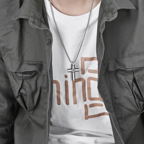 NTM1202 Custom New Stamped Grid Pattern Cross Pendant Stainless Steel Necklace
