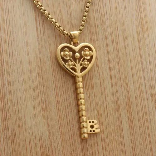 NTM1896 Floral Key Pendant Punk Stainless Steel Key Necklace for Women