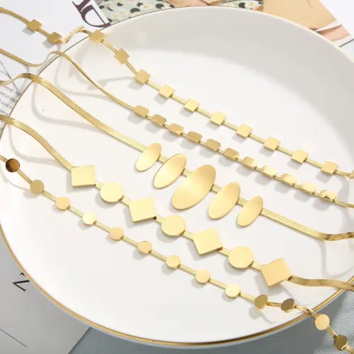 NTM3113 Gold Toned Stainless Steel Snakebone Geometric Pendant Choker Set for Women 4 Piece