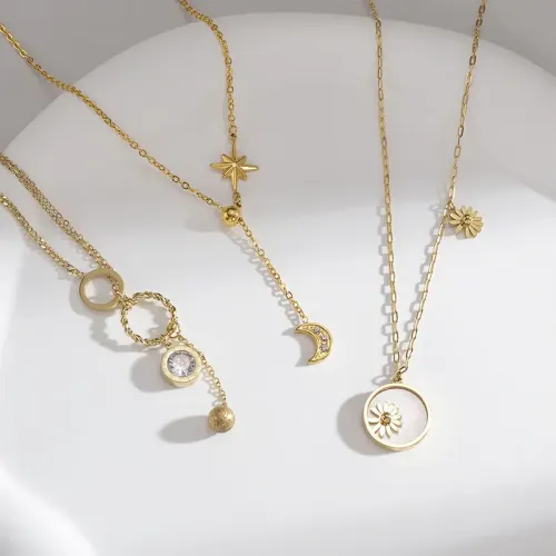 NTM3586 Diamond star Moon Medallion Shell Pendant Necklace for Women Stainless Steel Jewelry