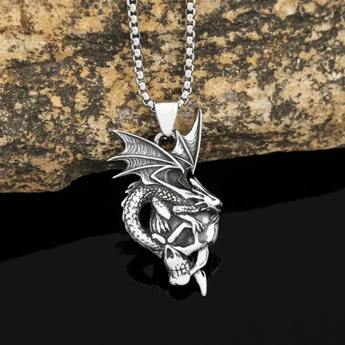 NTM937 Flame Dragon Pendant Skull Stainless Steel Necklace for Men