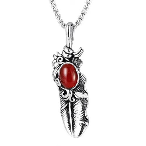 NTM2182 Agate Pendant Punk Necklace Stainless Steel Cast Gemstone with Feather Detail