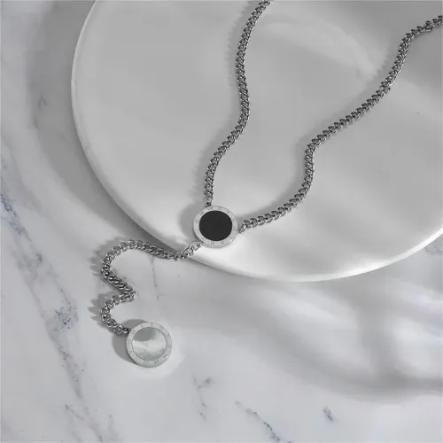NTM3475 Stainless Steel Y Shaped Necklace with Double Roman Numeral Shell Pendants, Long Fashion Accessory