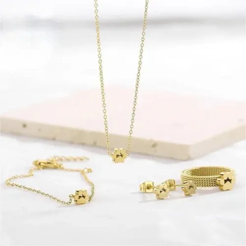 NTM2425 Mesh Band Ring Cat Paw Necklace Set Stainless Steel Bracelet, Cute Pet Ring 4 Piece Jewelry Set