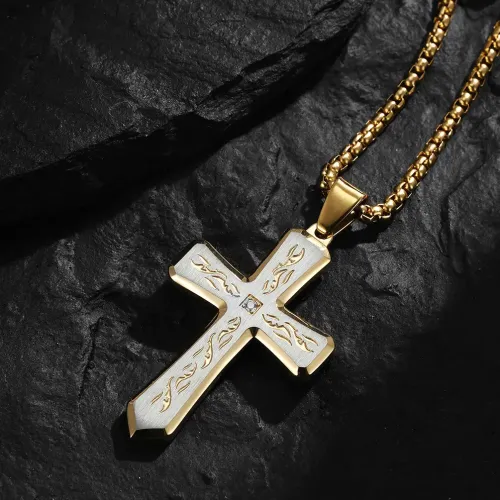 NTM1246 Tri Color Stainless Steel Cross Pendant Religious Jewelry with Etched Edges