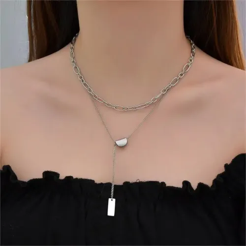 NTM3781 Stainless Steel Bead Necklace with Bar Square Pendants Clavicle Chain for Women
